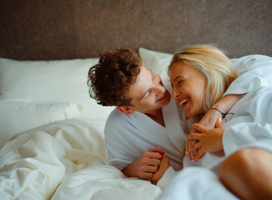 Young couple enjoying together time in wellness hotel.