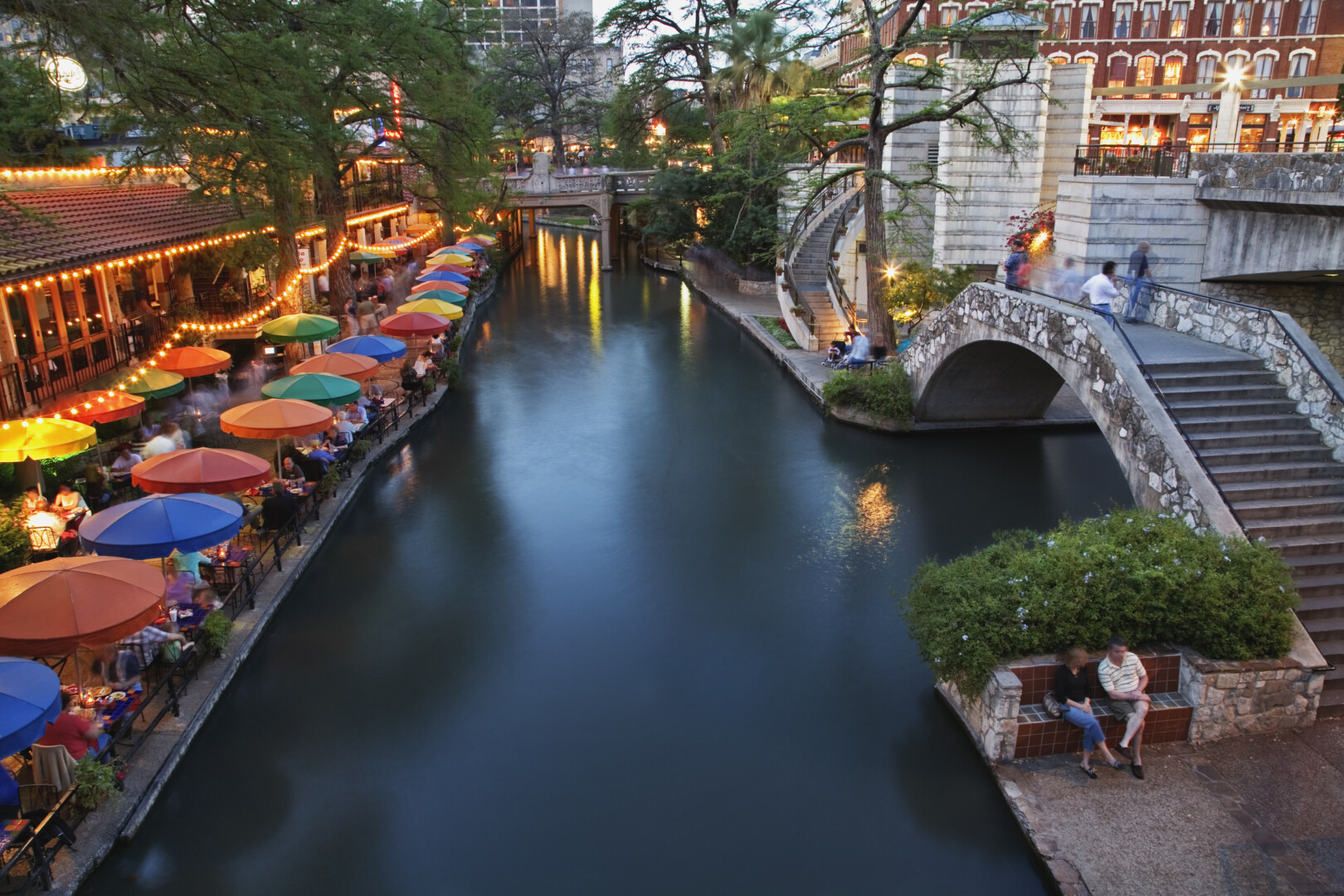 USA, Texas, San Antonio, San Antonio River and River Walk at dusk